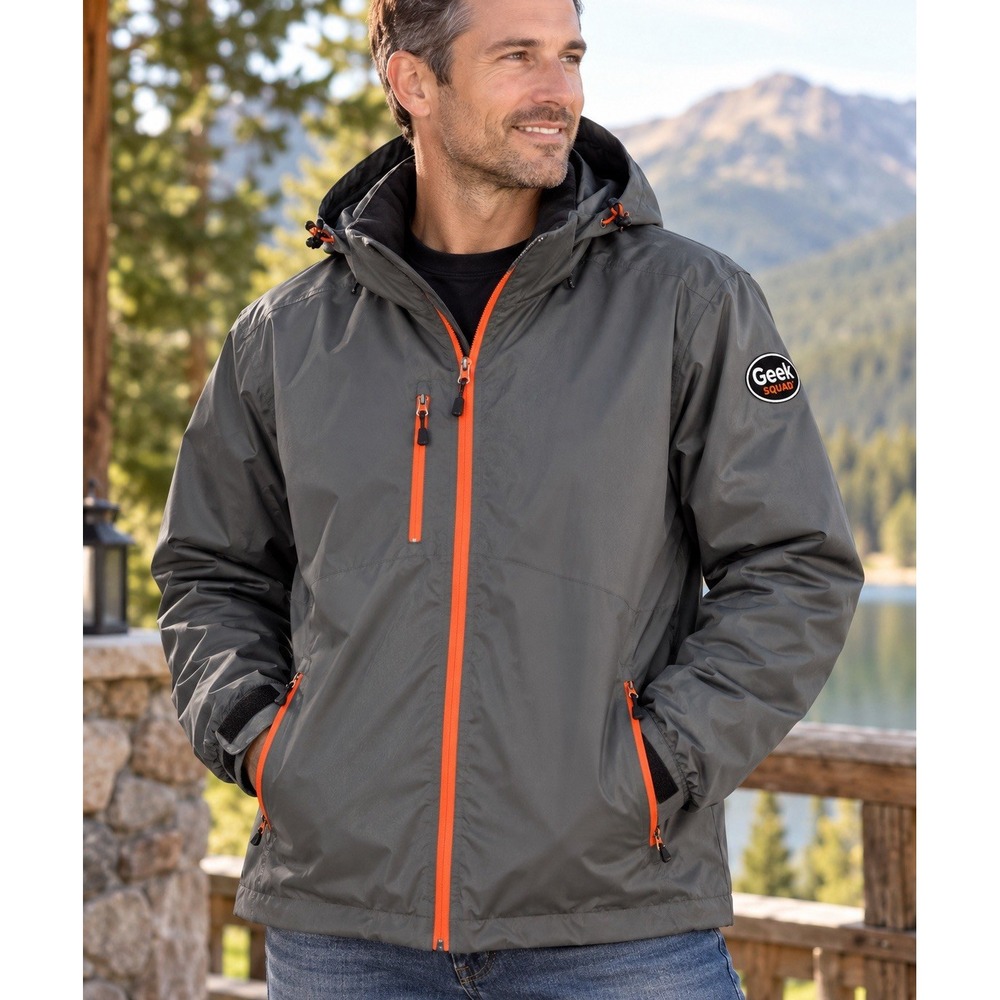 Geek Squad Port Authority Men's XL Jacket Gray Orange Hooded Insulated